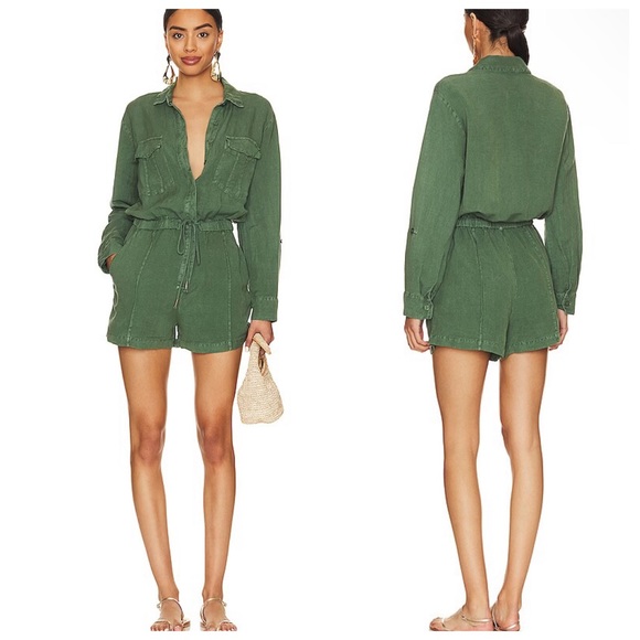 Young Fabulous & Broke Pants - Young Fabulous & Broke Lakeside Linen Romper Palm Pigment Green Small